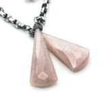Pink Moonstone Drop Earrings Oxidized Sterling Silver Stud and Chain Design