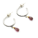Pink Tourmaline Hoop Earrings Hammered Sterling Silver Studs with Gemstone Accents