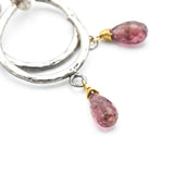 Pink Tourmaline Hoop Earrings Hammered Sterling Silver Studs with Gemstone Accents