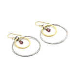 Garnet and Mixed Metal Hoop Earrings Hammered Sterling Silver and Brass Circle Design