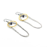 Blue Sapphire Bead Earrings Oxidized Sterling Silver Peanut and Brass Circle Drops