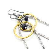 Blue Sapphire Bead Earrings Oxidized Sterling Silver Peanut and Brass Circle Drops