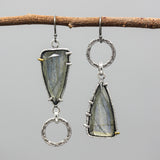 Triangle Labradorite earrings in silver bezel and prongs setting with silver texture circle on hooks style