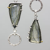 Triangle Labradorite earrings in silver bezel and prongs setting with silver texture circle on hooks style