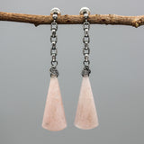 Pink Moonstone Drop Earrings Oxidized Sterling Silver Stud and Chain Design