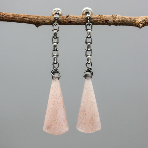 Pink Moonstone Drop Earrings Oxidized Sterling Silver Stud and Chain Design
