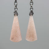 Pink Moonstone Drop Earrings Oxidized Sterling Silver Stud and Chain Design