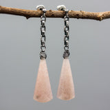 Pink Moonstone Drop Earrings Oxidized Sterling Silver Stud and Chain Design