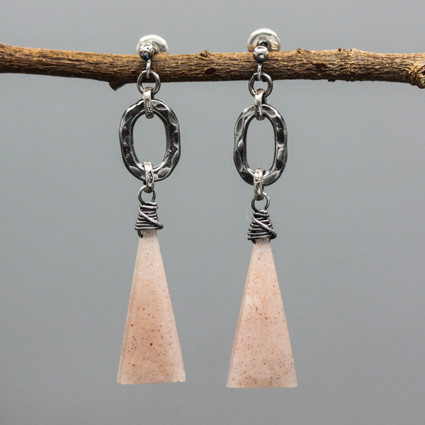 Pink Moonstone Drop Earrings Oxidized Sterling Silver Oval Loops and Stud