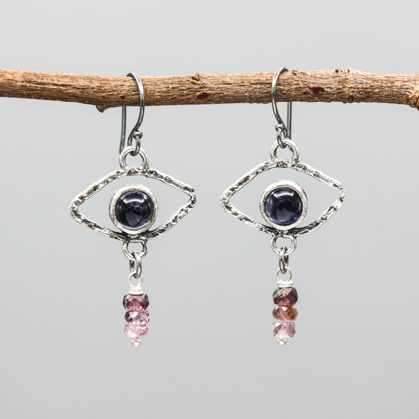 Protective Evil Eye Sterling Silver Earrings Iolite and Spinel gemstone
