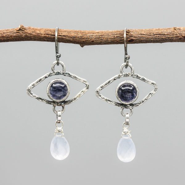 Intuition and Peace Evil Eye Earrings Sterling Silver with Iolite and Blue Chalcedony