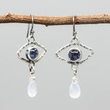 Intuition and Peace Evil Eye Earrings Sterling Silver with Iolite and Blue Chalcedony