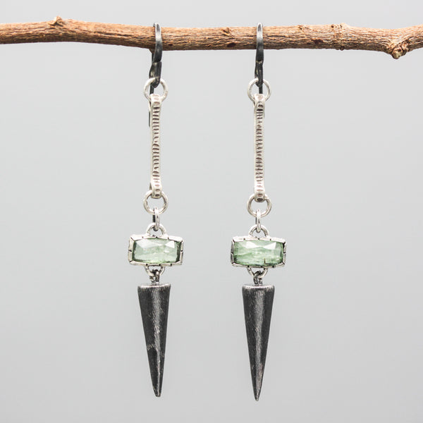 Rectangle green kyanite earrings with silver bar engraving and silver cone on oxidized sterling silver hooks style
