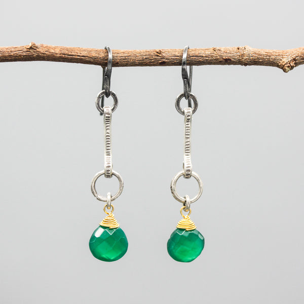 Teardrop faceted green onyx earrings with silver bar and silver circle on oxidized sterling hooks