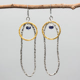 Blue Sapphire Bead Earrings Oxidized Sterling Silver Peanut and Brass Circle Drops