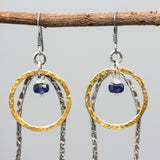 Blue Sapphire Bead Earrings Oxidized Sterling Silver Peanut and Brass Circle Drops