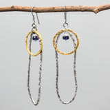 Blue Sapphire Bead Earrings Oxidized Sterling Silver Peanut and Brass Circle Drops
