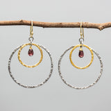 Garnet and Mixed Metal Hoop Earrings Hammered Sterling Silver and Brass Circle Design