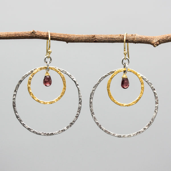 Garnet and Mixed Metal Hoop Earrings Hammered Sterling Silver and Brass Circle Design