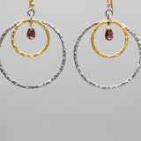 Garnet and Mixed Metal Hoop Earrings Hammered Sterling Silver and Brass Circle Design