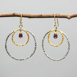 Garnet and Mixed Metal Hoop Earrings Hammered Sterling Silver and Brass Circle Design