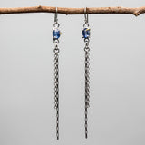 Blue Kyanite Drop Earrings Sterling Silver Bezel and prongs with Chain Design