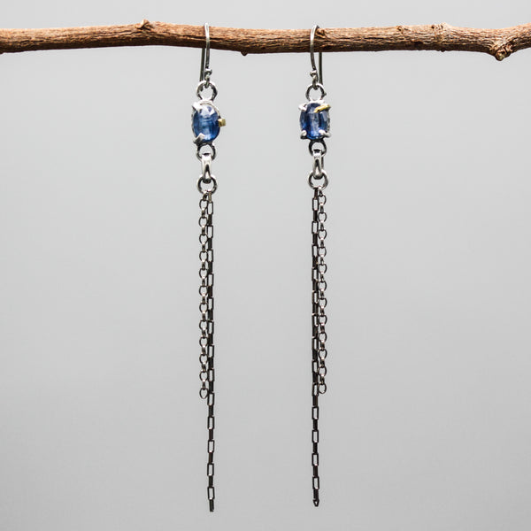 Blue Kyanite Drop Earrings Sterling Silver Bezel and prongs with Chain Design