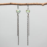 Oval Faceted Green Kyanite Drop Earrings Sterling Silver Bezel and prongs with Chain Design