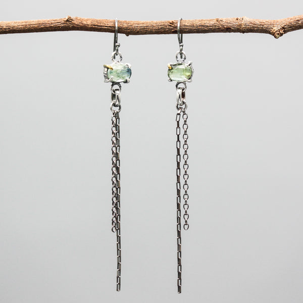 Oval Faceted Green Kyanite Drop Earrings Sterling Silver Bezel and prongs with Chain Design