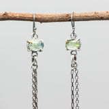 Oval Faceted Green Kyanite Drop Earrings Sterling Silver Bezel and prongs with Chain Design