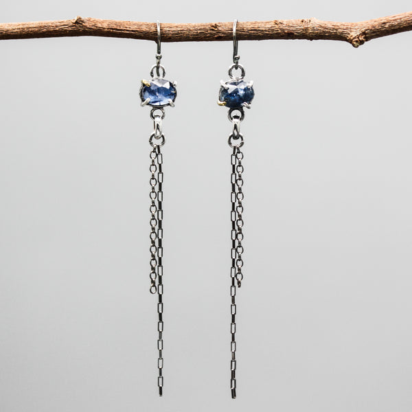 Oval Faceted blue Kyanite Drop Earrings Sterling Silver Bezel and prongs with Chain Design