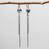 Oval Faceted blue Kyanite Drop Earrings Sterling Silver Bezel and prongs with Chain Design