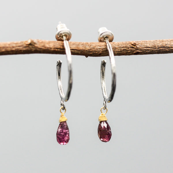 Pink Tourmaline Hoop Earrings Hammered Sterling Silver Studs with Gemstone Accents