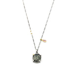 Round Faceted Moss agate pendant necklace in silver bezel and prongs setting with Pink sapphireon sterling silver chain