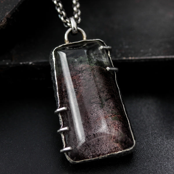 Trapezoid cabochon Rhodolite gardens quartz pendant necklace with sterling silver chain