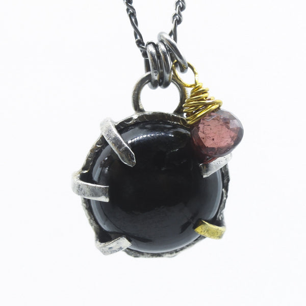Black Star Cabochon Pendant Necklace with Pink Tourmaline Drop