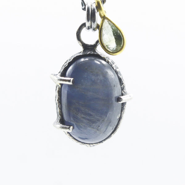 Blue Kyanite Oval Pendant Necklace with Green Tourmaline Drop