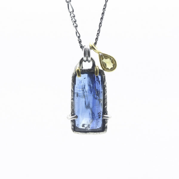 Blue Kyanite Bar Pendant Necklace with Yellow Tourmaline Drop