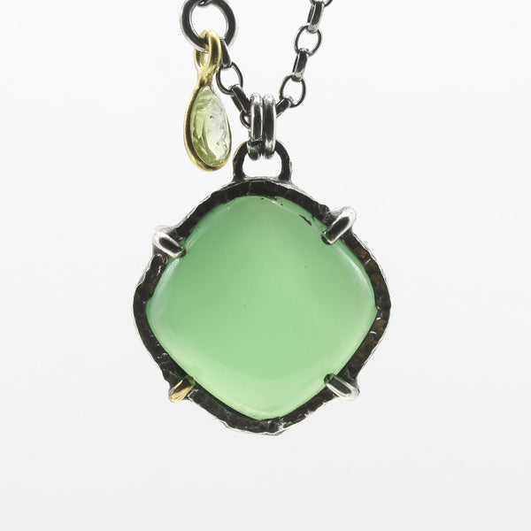 Chrysoprase Cushion Pendant Necklace with Tourmaline Drop
