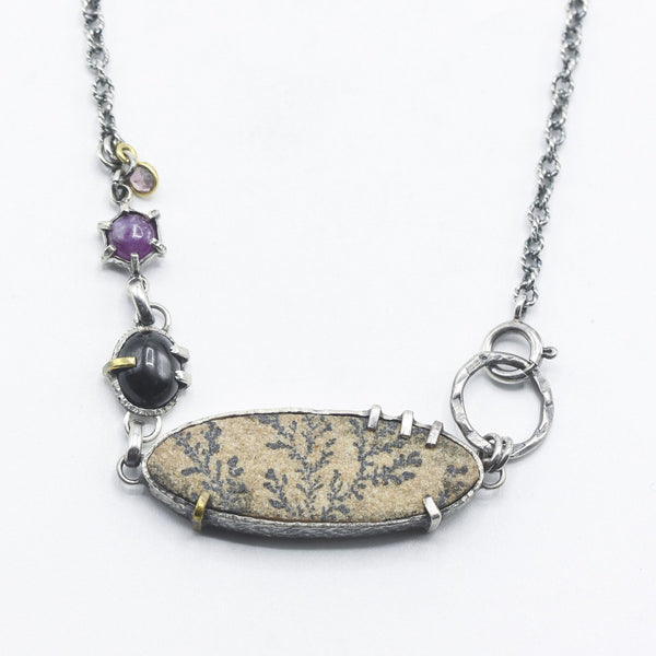 Dendritic Stone Bar Necklace with Black Star and Pink Sapphire