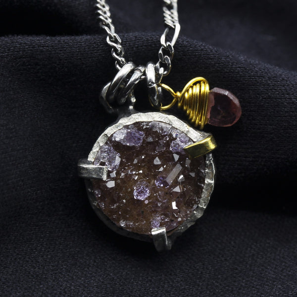 Round Druzy Pendant Necklace with Pink Tourmaline Drop