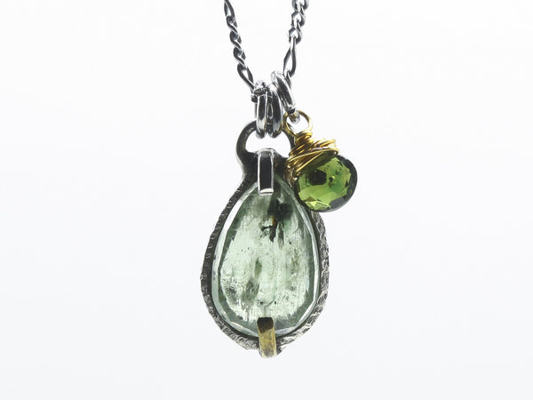Green kyanite teardrop pendant with green tourmaline drop on sterling silver chain