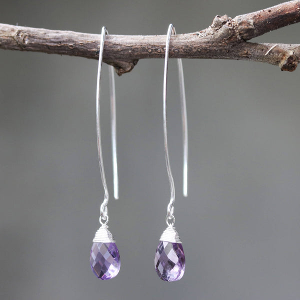 Amethyst gemstone drop earrings ~ February birthstone earrings ~ sterling silver long drop earring with sterling silver wrapped natural gem