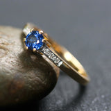 Wedding rings, round faceted Blue sapphire and diamonds with 22k gold band