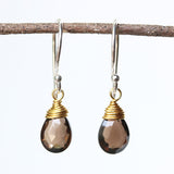 Smoky Quartz February birthstone gemstone drop earrings with short sterling silver round ear wire and 24k gold plated silver gemstone wrap