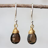 Smoky Quartz February birthstone gemstone drop earrings with short sterling silver round ear wire and 24k gold plated silver gemstone wrap