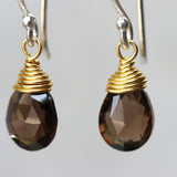 Smoky Quartz February birthstone gemstone drop earrings with short sterling silver round ear wire and 24k gold plated silver gemstone wrap