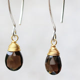 Smoky Quartz genuine gemstone drop earrings with long marquis sterling silver earwire and 24k gold wrapped gemstone drop