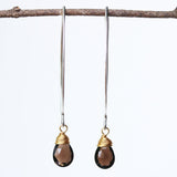 Smoky Quartz genuine gemstone drop earrings with long marquis sterling silver earwire and 24k gold wrapped gemstone drop