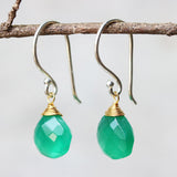 Green onyx gemstone drop earrings ~ may birthstone earrings ~ sterling silver short drop earrings with 24k gold plated silver wire wrap gem